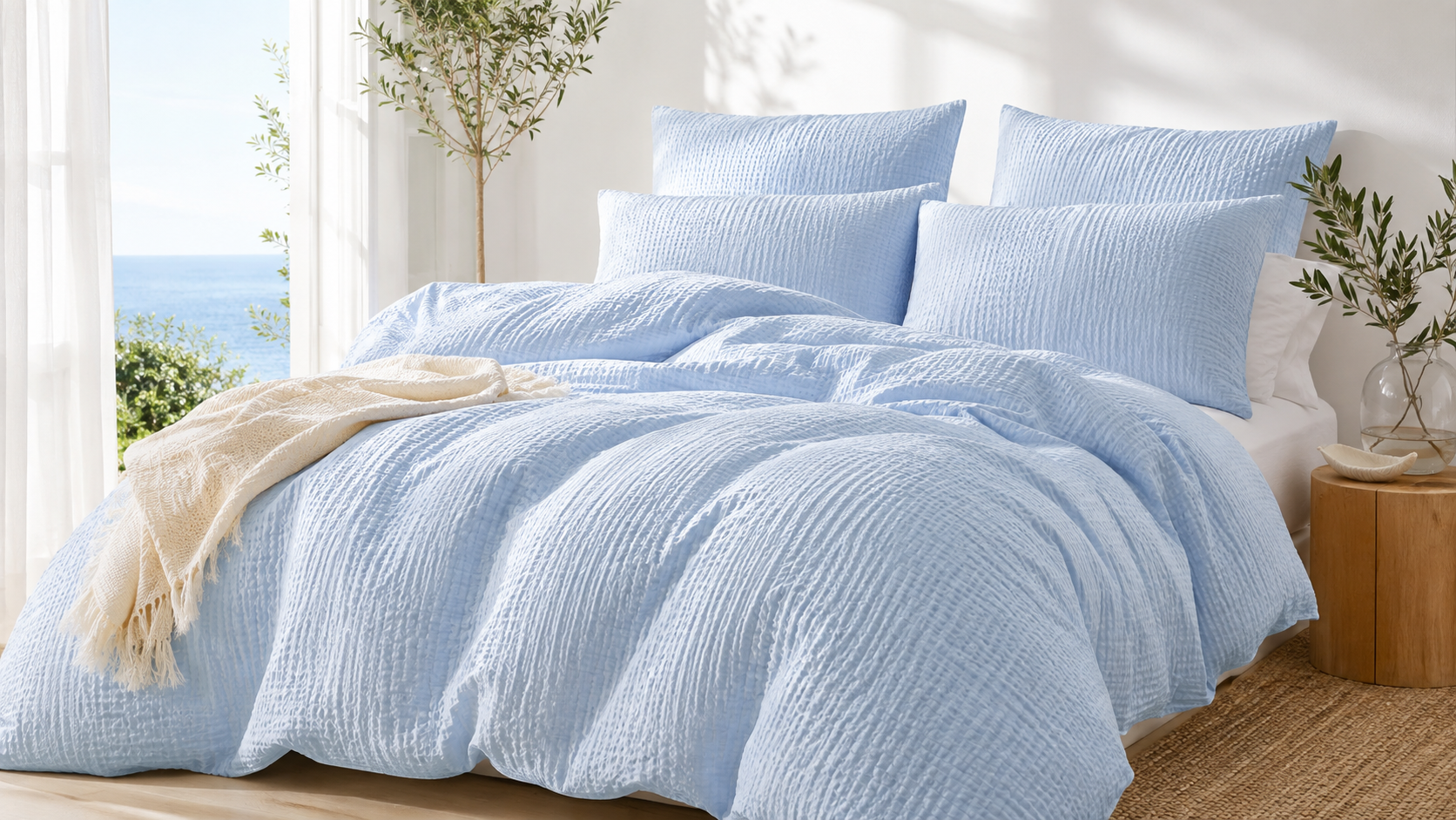 Luftige Baumwoll-Seersucker Bettwäsche in einem hellen sommerlichen Schlafzimmer