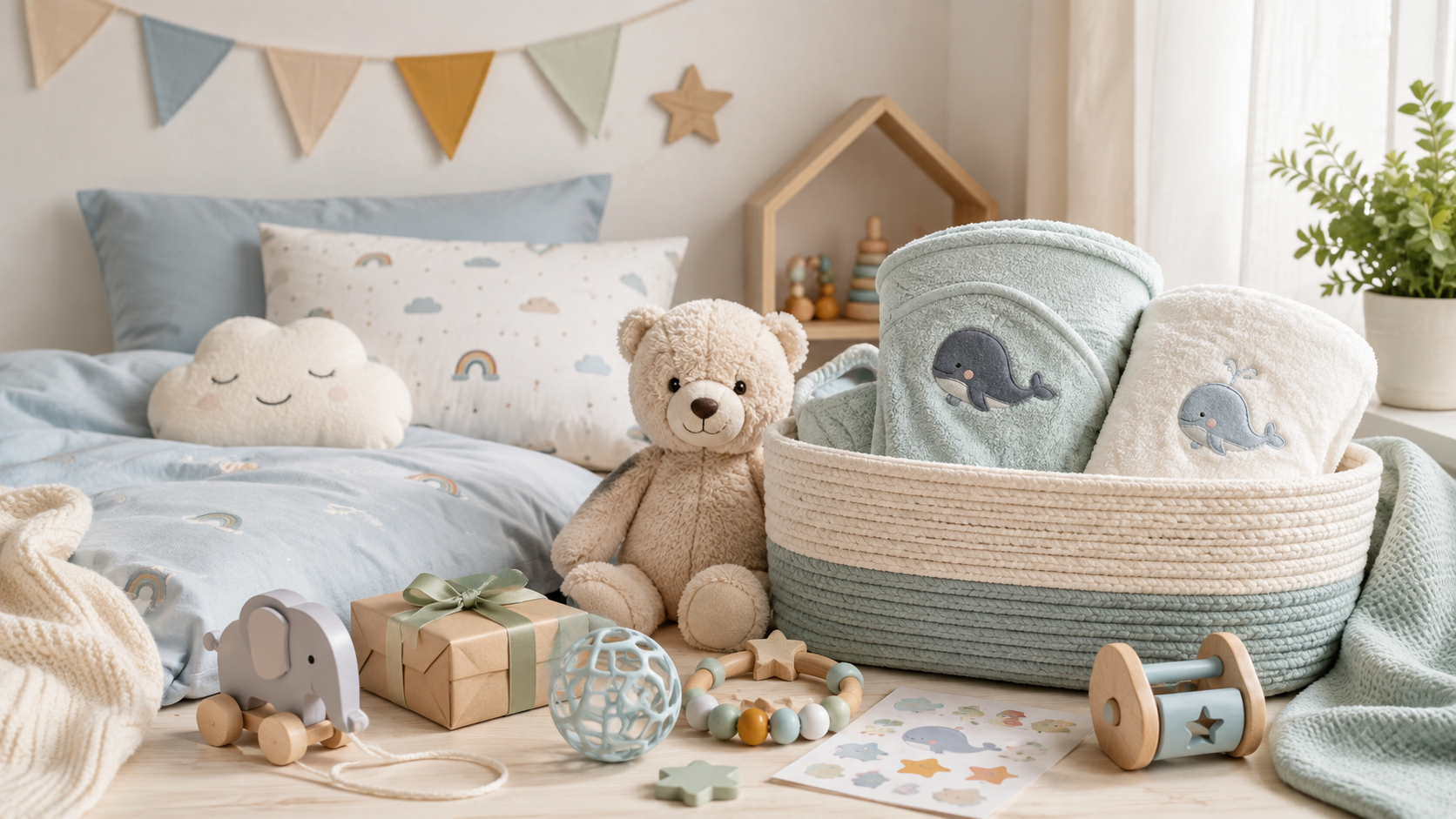 Kinderzimmer mit Betttextilien, Kuscheltier, Babyartikeln und Geschenkidee