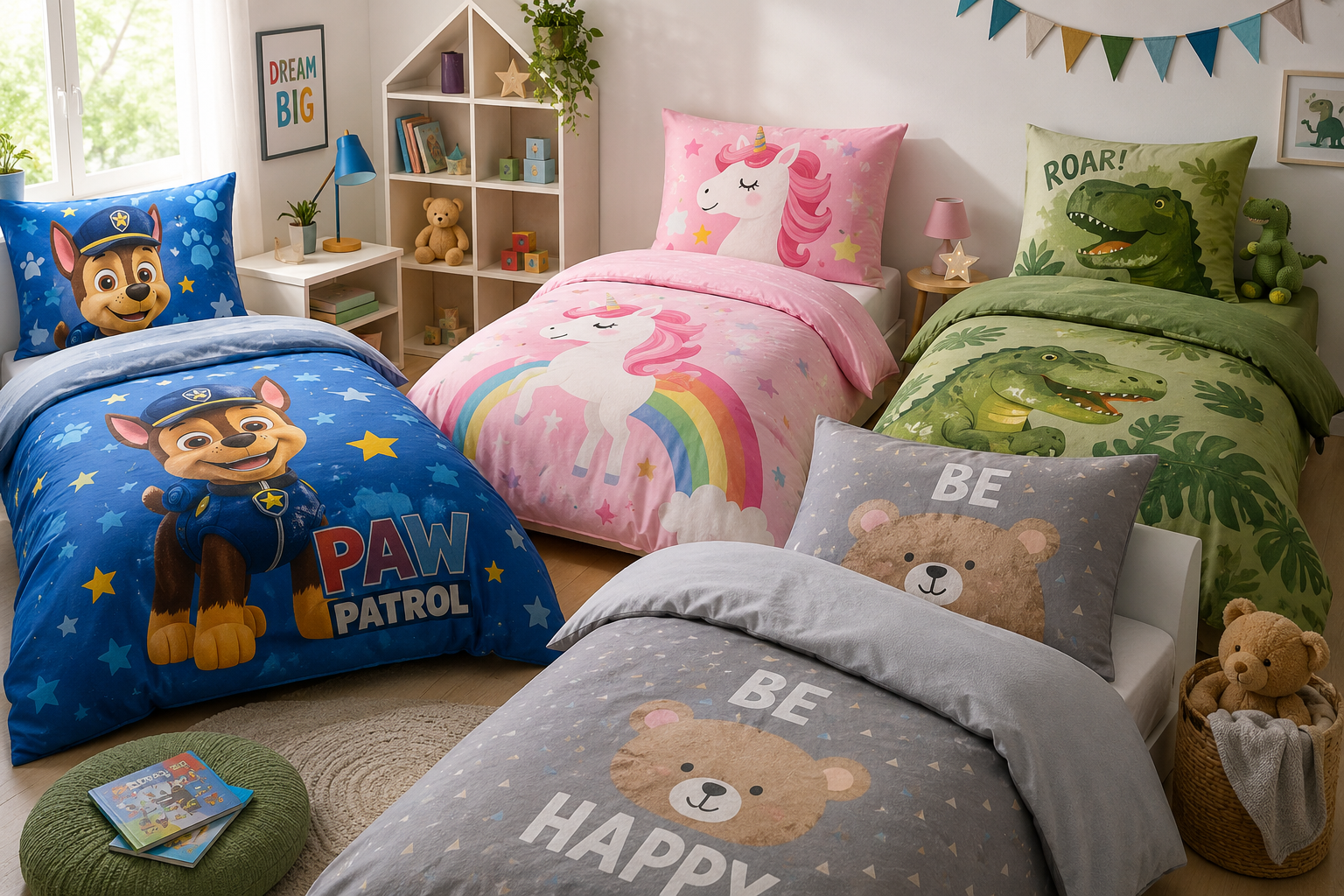 Kinderbett mit Kinderbettwäsche im Alltag