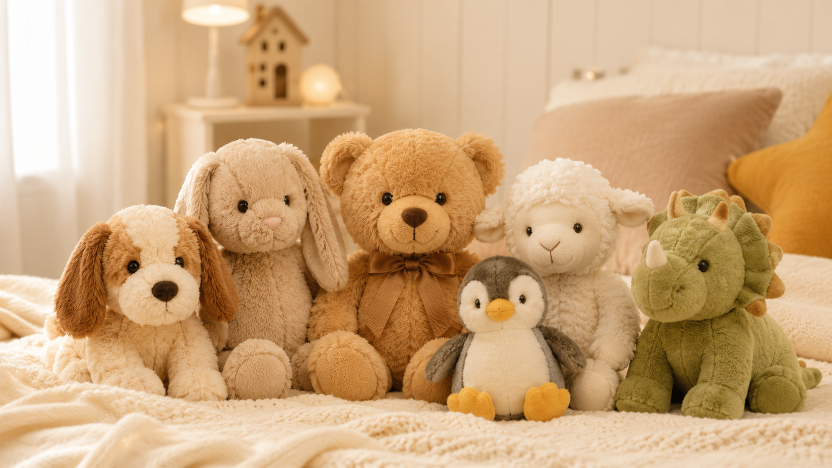 Verschiedene weiche Kuscheltiere und Plüschtiere