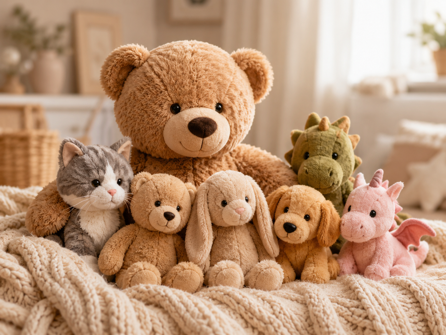 Kuscheltiere in verschiedenen Größen und Tierformen