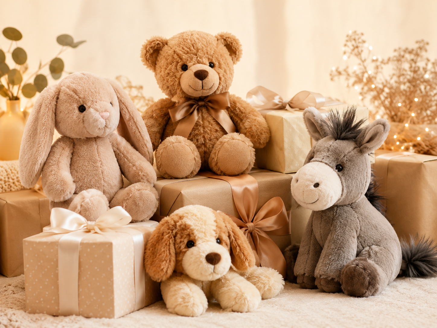 Kuscheltiere als Geschenkidee zwischen verpackten Geschenken