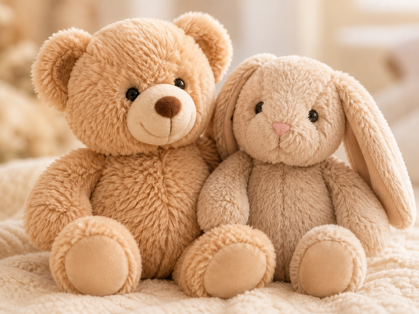 Detailansicht weicher Kuscheltiere mit flauschiger Oberfläche
