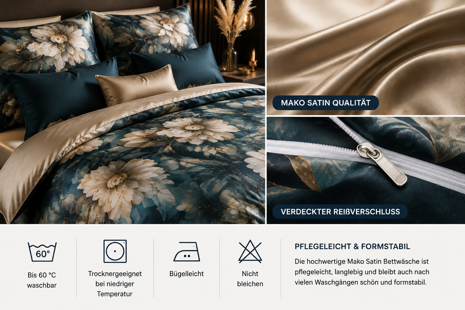 Mako Satin Digitaldruck Bettwäsche Pflege Reißverschluss Waschbarkeit