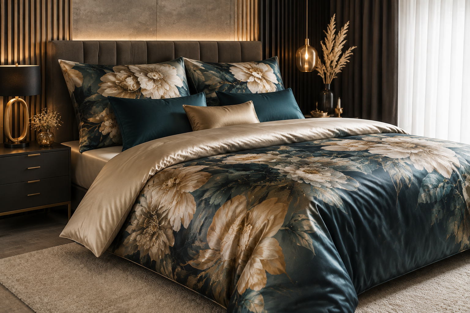 Mako Satin Digitaldruck Bettwäsche im Schlafzimmer
