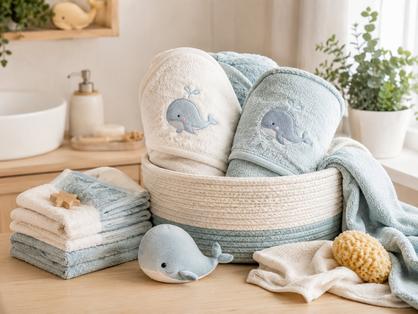 Baby Bad mit weichen Frotteeartikeln und Badtextilien