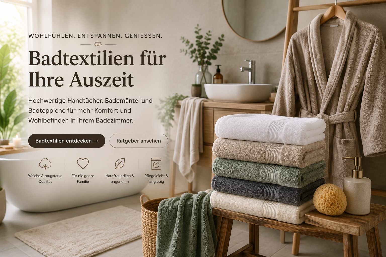 Badtextilien, Handtücher, Bademäntel und Badteppiche bei Bettklusiv