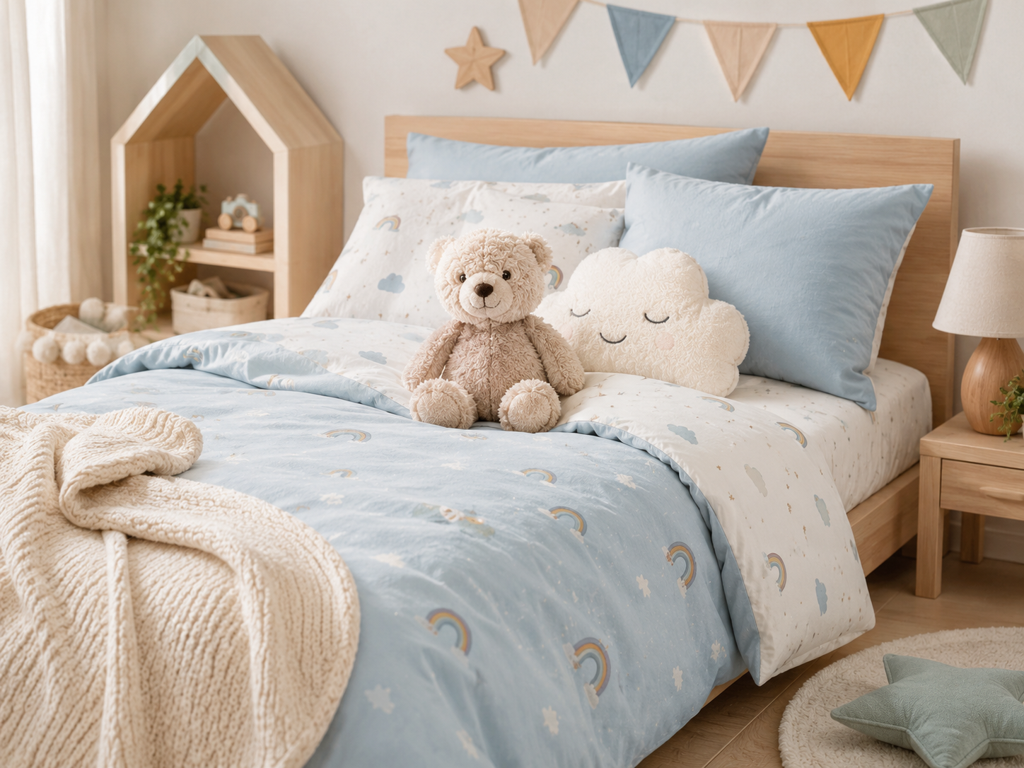 Kinder Bettausstattung mit Bettwäsche, Decke, Kissen und Kuscheltier