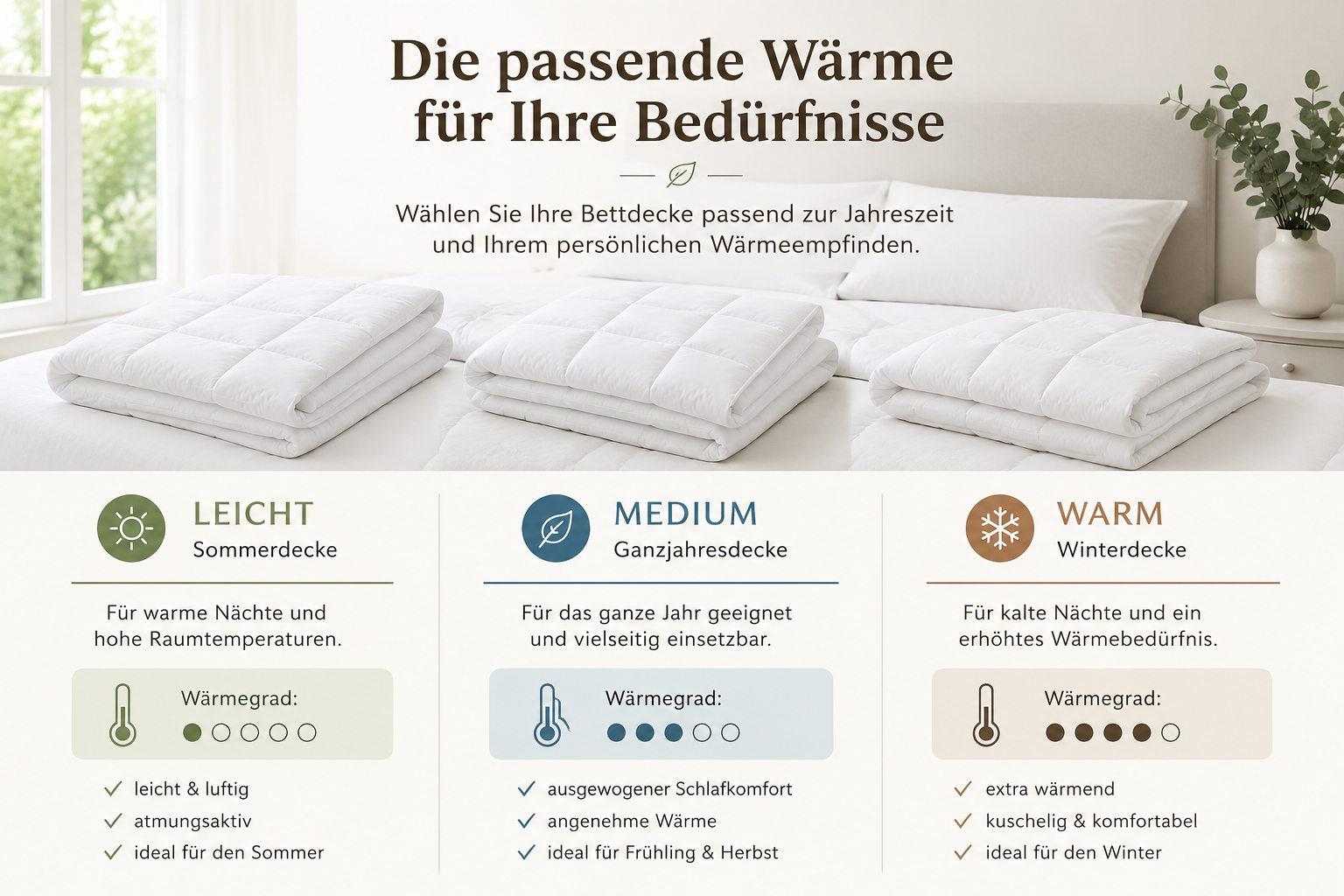 Bettdecken Wärmegrad – leicht, medium und warm