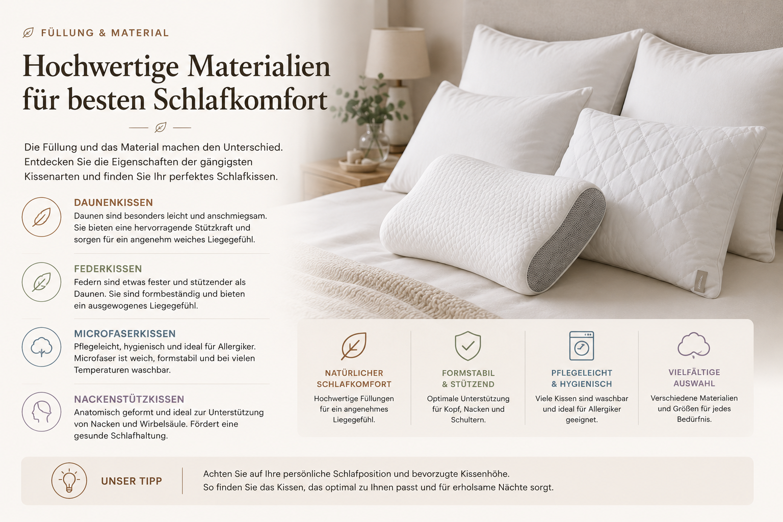 Kopfkissen Materialien und Füllungen im Vergleich