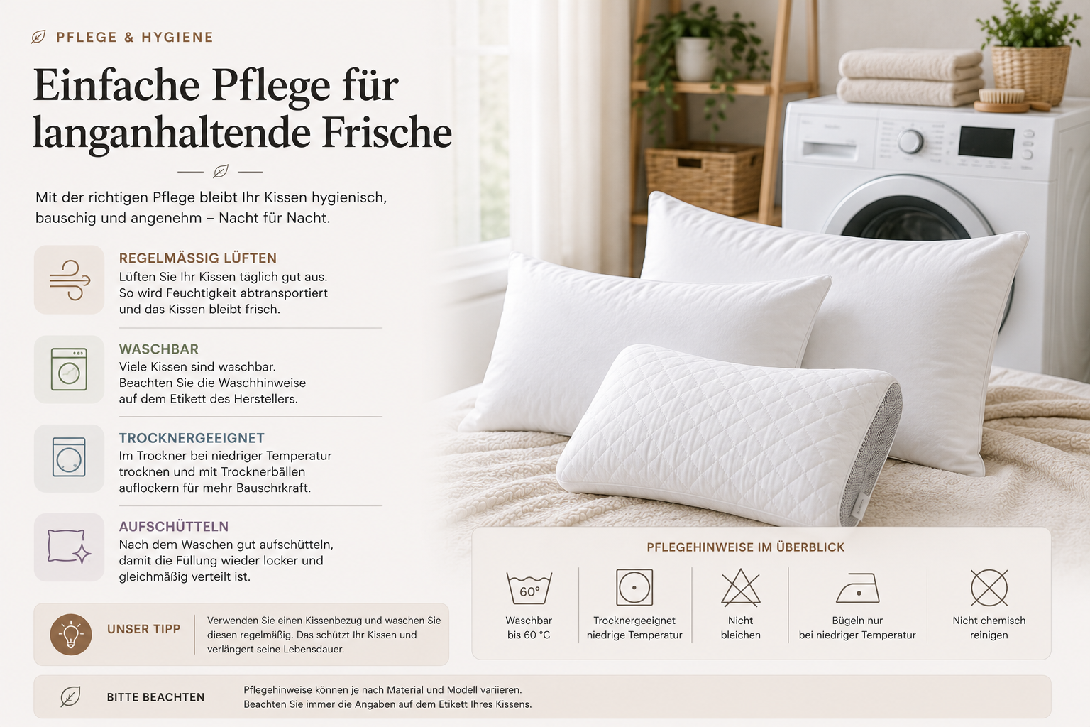 Kopfkissen richtig pflegen, lüften, waschen und trocknen