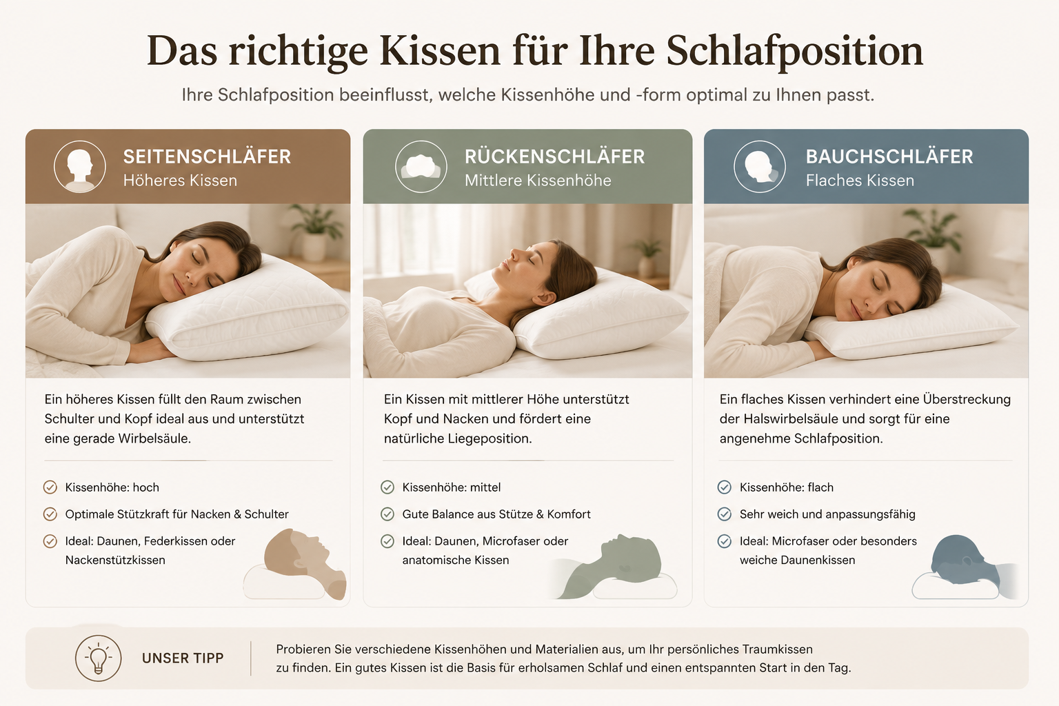 Kopfkissen für Seitenschläfer, Rückenschläfer und Bauchschläfer