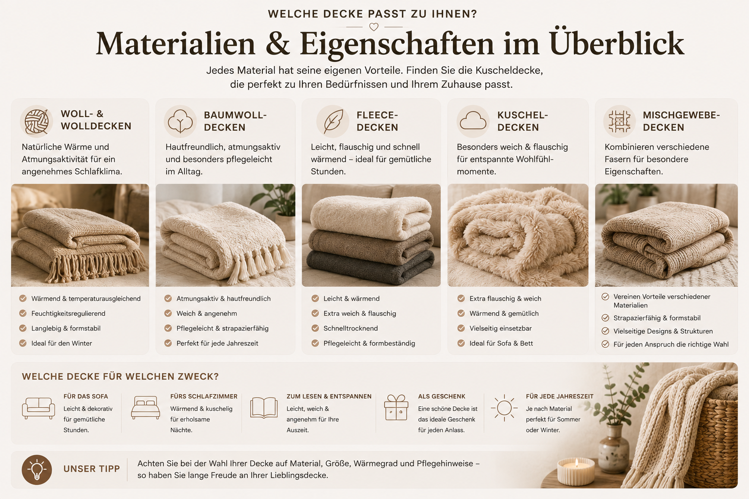 Materialien und Eigenschaften von Woll- und Kuscheldecken im Vergleich