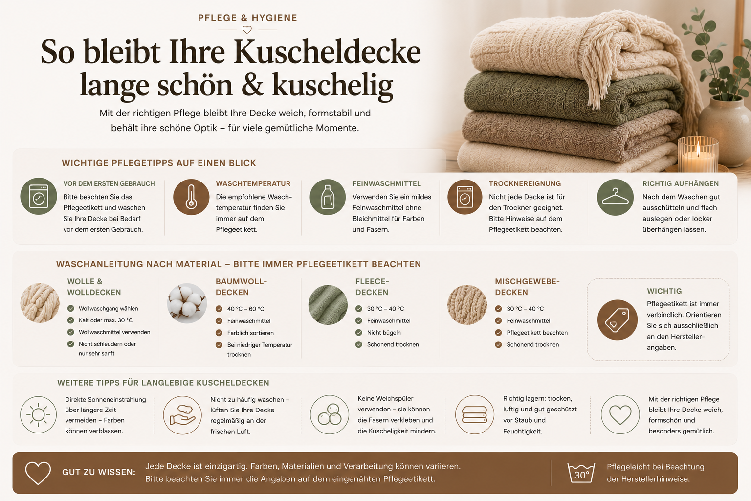 Pflegehinweise für Woll- und Kuscheldecken