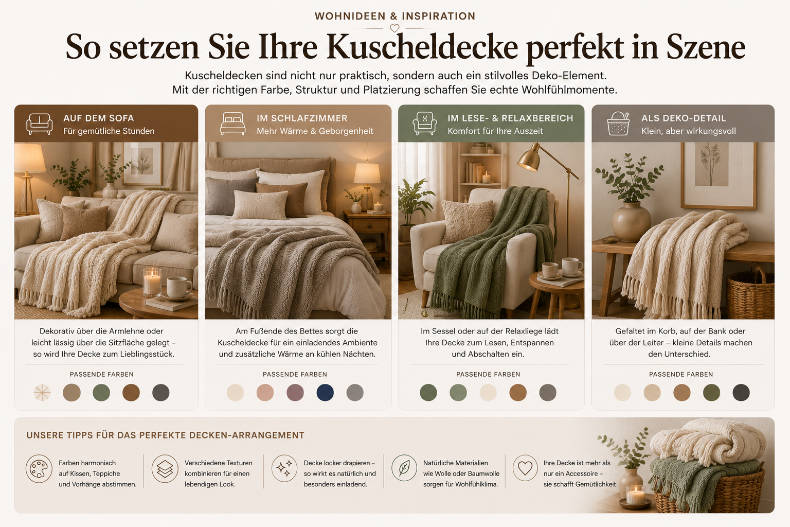 Wohnideen mit Kuscheldecken auf Sofa, Bett und Sessel