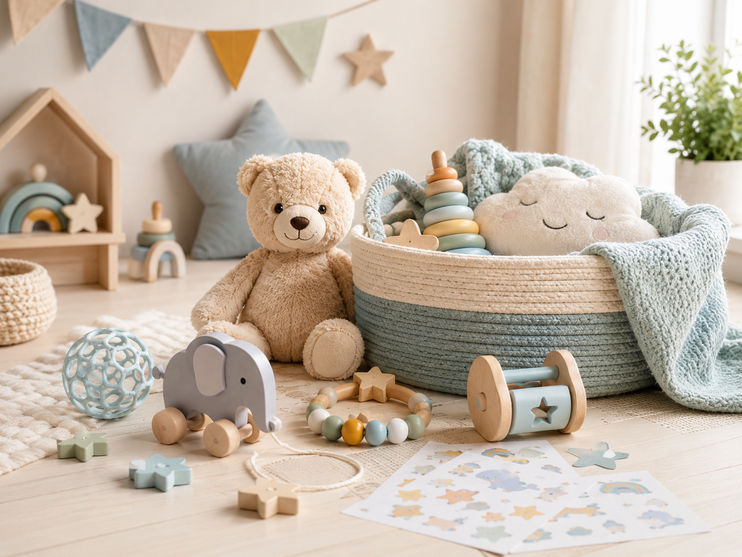 Spielwaren mit Kuscheltier, Greifling, Spielzeug und Stickern