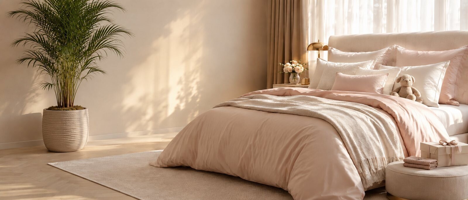 Gemütliches Schlafzimmer mit Bettwäsche, Kuscheltieren...
