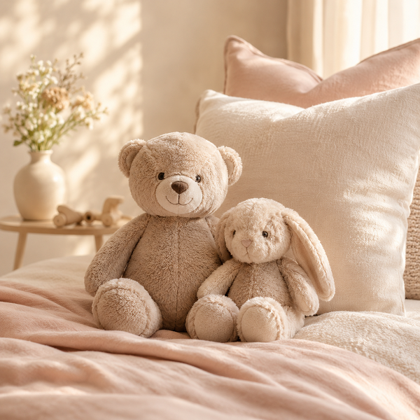 Kuscheltiere in einer gemütlichen Kinderzimmer-Szene