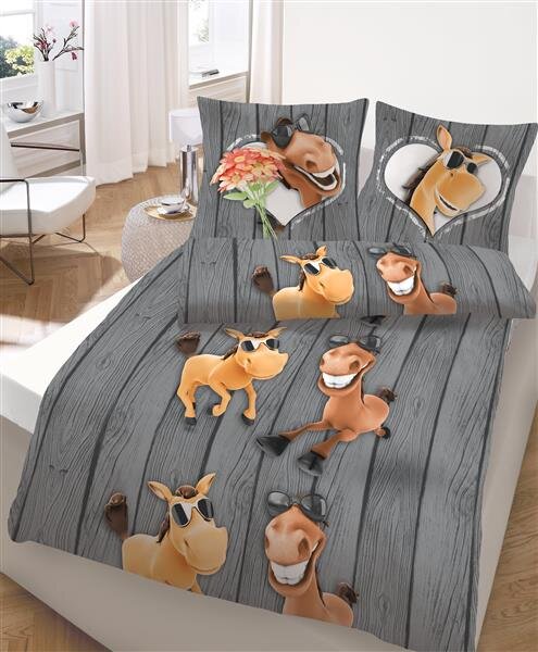 soma Biber Bettwäsche 2 teilig Bettbezug 135 x 200 cm Kopfkissenbezug 80 x 80 cm lustige Pferde