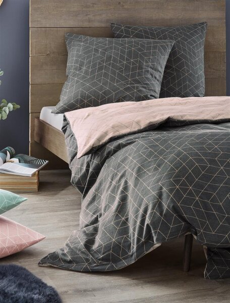 Irisette Biber Bettwäsche 155x220 2tlg grau rosa | Bettwäsche-Set aus 100% Baumwolle | 2 teilige Wende-Bettwäsche 155x220 cm & Kissen 80x80 cm | Geometrisches Muster