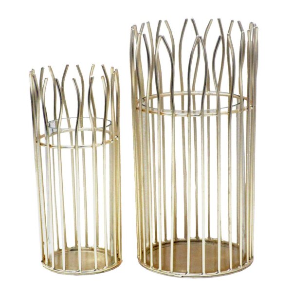 Soma Windlicht Set romantisch 2-teilig mit Glaseinsatz rund in edler Drahtstruktur schwarz od. gold (BxHxL) 12 x 24 x 12 cm gold