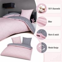 Davos Janine Biber Bettwäsche 2tlg grau rosa 65101-01| Bettwäsche-Set aus 100% Baumwolle | 2 teilige Wende-Bettwäsche 155x220cm & Kissen 80x80 cm | Geometrisches Muster