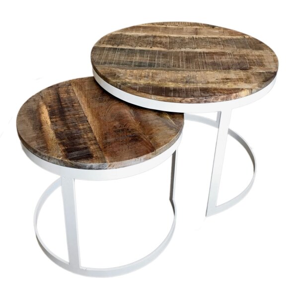 Soma Couchtisch 2er Set Beistelltisch Wohnzimmer-Tisch rund Austin Metall-Gestell altsilber o. schwarz (BxHxL) 58 x 46 x 58 cm  reinweiß - tabacco