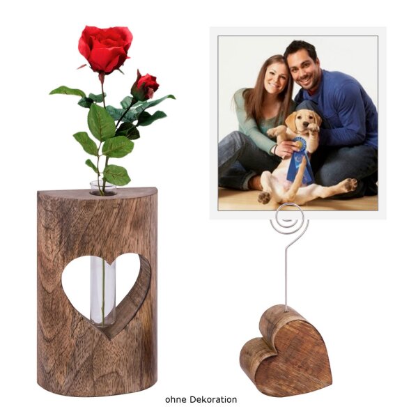 Soma Blumenvase Fotoständer Kartenhalter Hochzeitsgeschenk Hochzeitsdeko Set Mangoholz massiv (BxHxL) 12 x 20 x 5 cm
