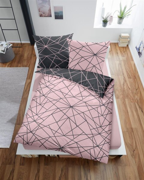 Dormisette Biber Bettwäsche 2tlg grau rosa 2294-93 | Bettwäsche-Set aus 100% Baumwolle | 2 teilige Wende-Bettwäsche 135x200cm & Kissen 80x80 cm | Geometrisches Muster Linien