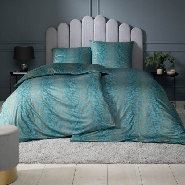 Estella Mako-Interlock-Jersey Bettwäsche-Garnituren 2 teilig Bezug 155 x 220 cm + 1 x Kissen 80 x 80 Ruben Grafisch petrol