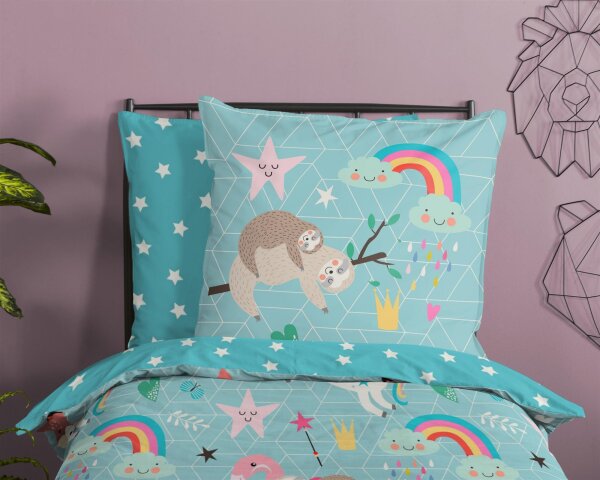 Soma Renforcé Pastell Bettwäsche-Set 2 teilig Bettbezug 2tlg 135x200cm 80x80 Waldtier Alpaka Einhorn Faultier Stern Blau