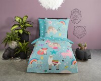 Soma Renforcé Pastell Bettwäsche-Set 2 teilig Bettbezug 2tlg 135x200cm 80x80 Waldtier Alpaka Einhorn Faultier Stern Blau