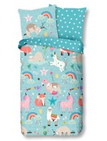 Soma Renforcé Pastell Bettwäsche-Set 2 teilig Bettbezug 2tlg 135x200cm 80x80 Waldtier Alpaka Einhorn Faultier Stern Blau