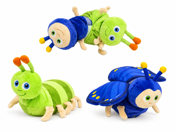 Wende Kuscheltier Wende Plüschtier 30 cm für Schmetterling Raupe blau grün für Mädchen, Jungen & Babys – Flauschiges Stofftier zum Spielen