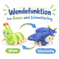 Wende Kuscheltier Wende Plüschtier 30 cm für Schmetterling Raupe blau grün für Mädchen, Jungen & Babys – Flauschiges Stofftier zum Spielen