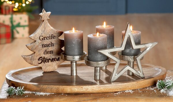 Gilde Holz Tablett Kerzenh.Tannenbaum (BxHxL) 50 cm x 26 cm x 22 cm Mangoholz für 4 Kerzen