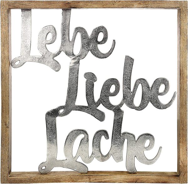Gilde Holz Rahm.XXL Lebe,Liebe,Lache (BxHxL) 60 cm x 60 cm x 3,5 cm Mangoholz Alu mit 2 Haken zum Hängen
