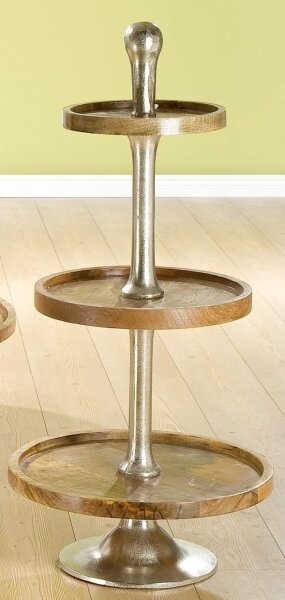 Gilde Alu 3er Etagere XL (BxHxL) 50 cm x 100 cm x 50 cm Platten aus Mangoholz