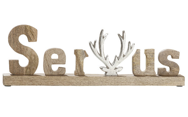 Gilde Holz "Servus" auf Holzbase VE 2 (BxHxL) 5 cm x 14 cm x 46 cm Mangoholz, mit Geweih aus Alu Sie kaufen hier immer ein Set von 2 gleichen Artikeln.