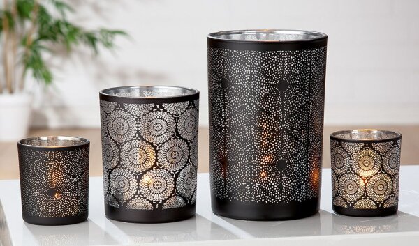 Gilde Glas Sort. "Flake" Serie 30 Stück  matt schwarz, innen=silber, 2 Ornamente