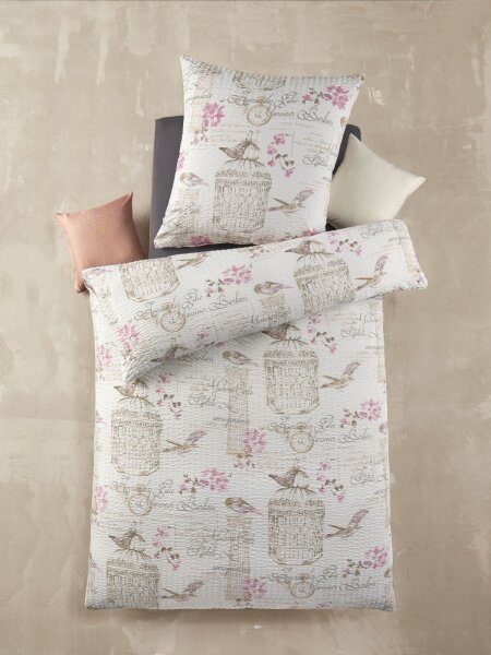 Optidream Mikrofaser Seersucker Bettwäsche 135 x 200 cm Bettbezug Kopfkissenbezug 80 x 80 cm Bird weiss beige rose