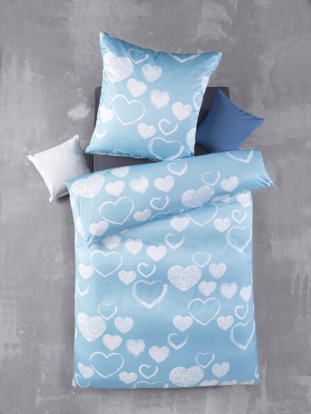 Soma Mikrofaser Bettwäsche 135 x 200 cm Bettbezug 135 cm x 200 cm  Kopfkissenbezug 80 x 80 cm Herz-Blau blau / weiss