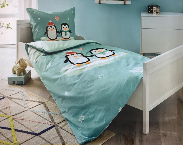 Soma Biber Bettwäsche-Set 2 teilig Bettbezug 2tlg 135x200cm Kopfkissenbezug 80x80cm Pinguin blau grün türkis Wende