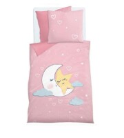 Soma Biber Bettwäsche-Set 2 teilig Bettbezug 2tlg 135x200cm Kopfkissenbezug 80x80cm Mond Moon Stern Gute nacht Rosa Herz