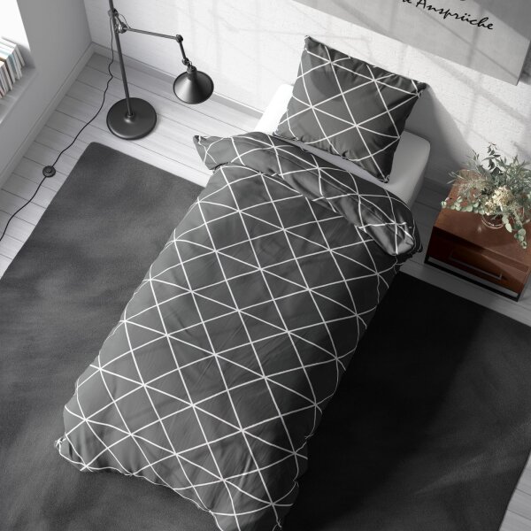 Soma Renforcé Bettwäsche 135 x 200 cm Bettbezug Kopfkissenbezug 80 x 80 cm Triangle anthrazit