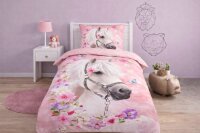 Soma Renforc&eacute; Bettw&auml;sche-Set 2 teilig Bettbezug 2tlg 135x200cm 80x80 Pferde Bettw&auml;sche rosa pink