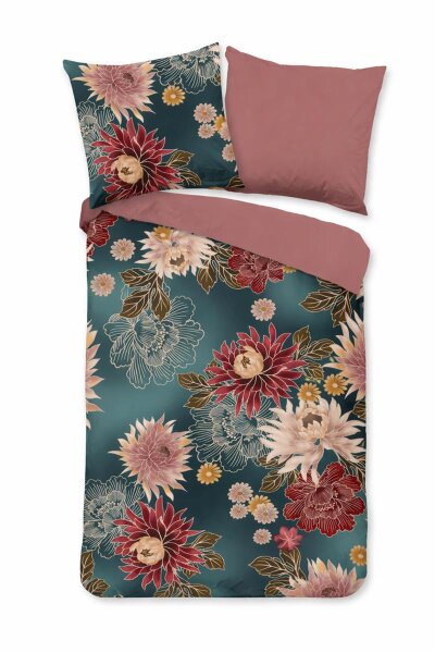 Soma Microfaser Bettwäsche 135x200 cm + 1x 80x80 cm – Floral Blume in Petrol – Weich, Pflegeleicht & Hautsympathisch