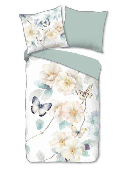 Descanso Mako Satin Bettwäsche 200 X 200 cm + 2- 80 X 80 cm Adiwanya flowers and butterflies weiß