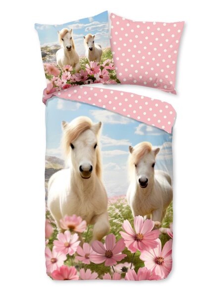 Good Morning Renforcé Bettwäsche 135 X 200 cm + 1- 80 X 80 cm Philou white horses with flowers rosa