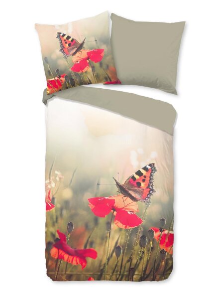 Good Morning Renforcé Bettwäsche 155 X 220 cm + 1- 80 X 80 cm Poppies flowers and butterflies bunt